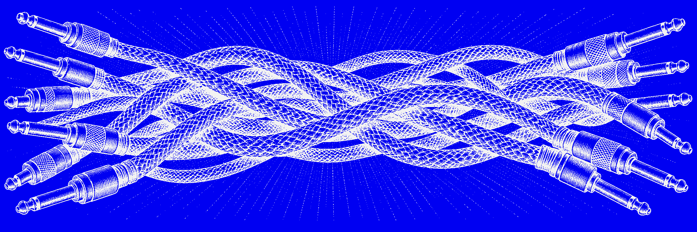 Engraving of patch cables crossing a switchboard, rendered in blue halftone