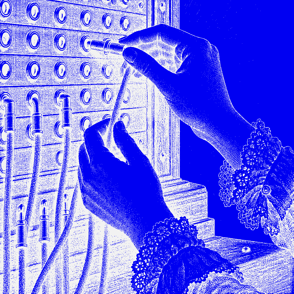 Engraving of an operator’s hands connecting lines on a switchboard, rendered in blue halftone