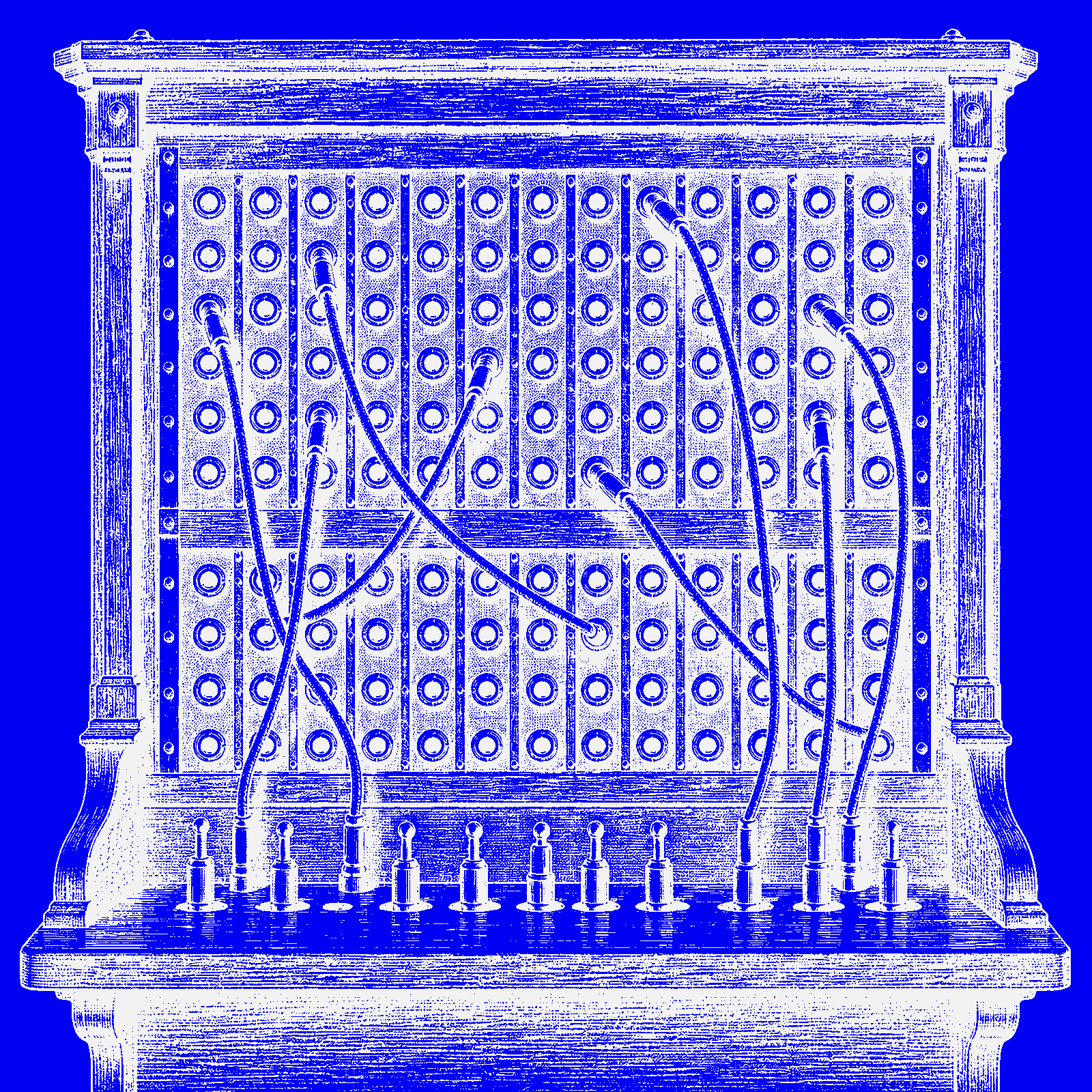 Engraving of a manual telephone switchboard, rendered in blue halftone