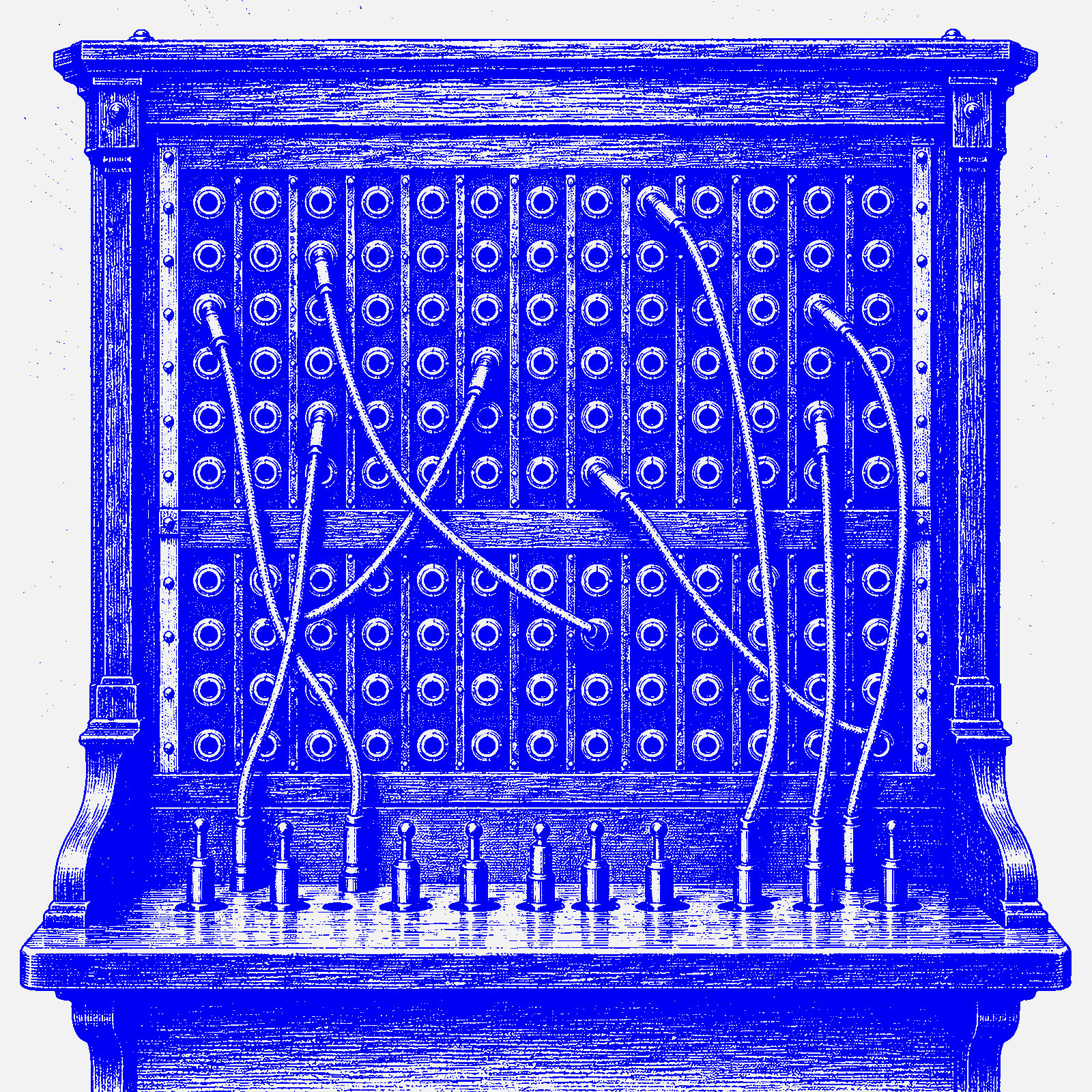 Engraving of a manual telephone switchboard, rendered in blue halftone