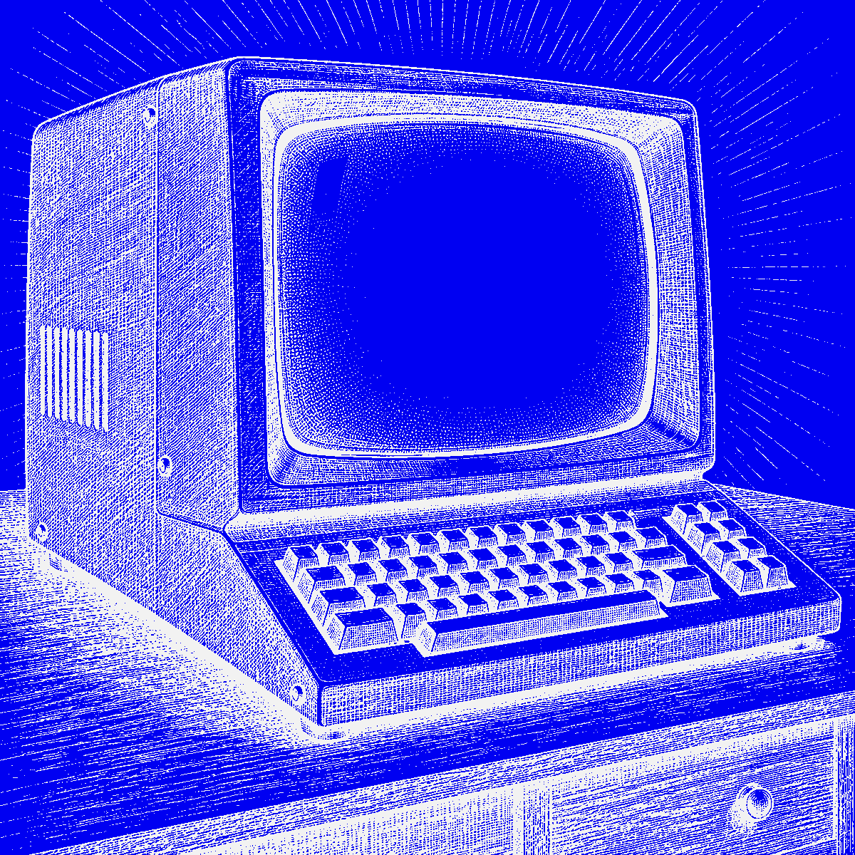 Engraving of an old computer terminal, rendered in blue halftone